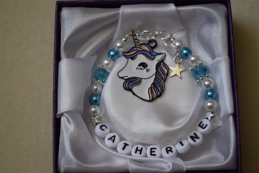 Personalised Charm Bracelet Unicorn Charm Blue Gift Boxed