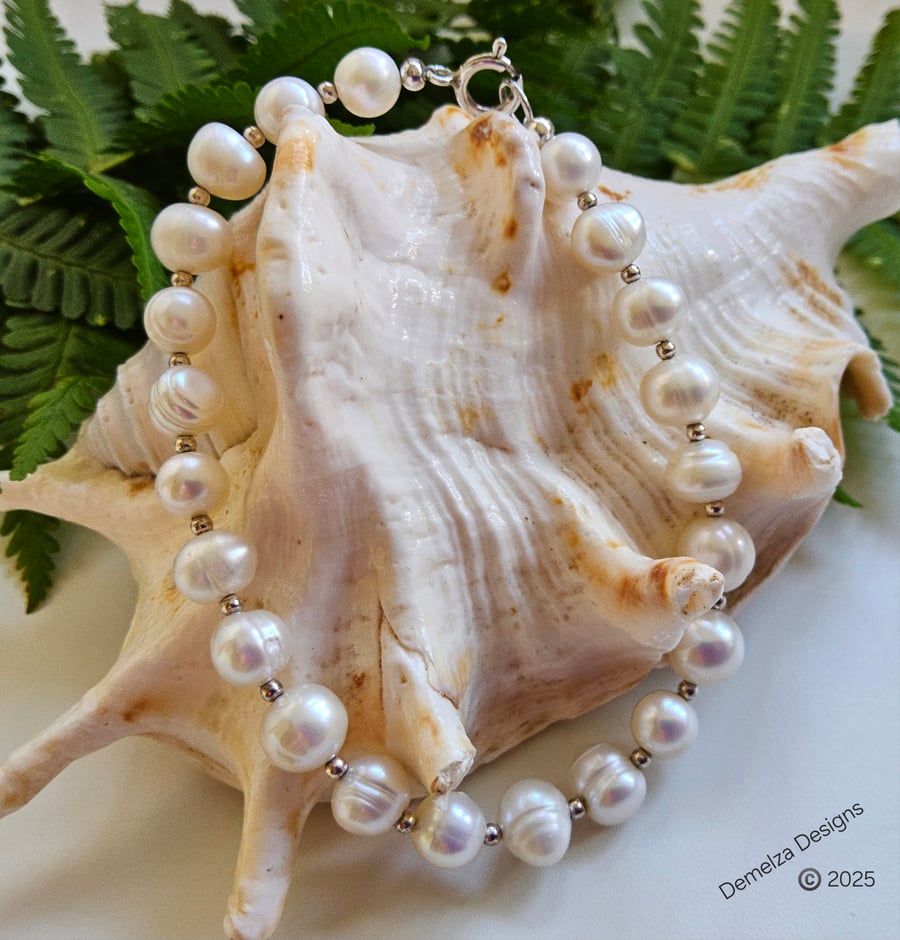 Ivory White Baroque Freshwater Cultured Pearl Sterling Silver Bracelet
