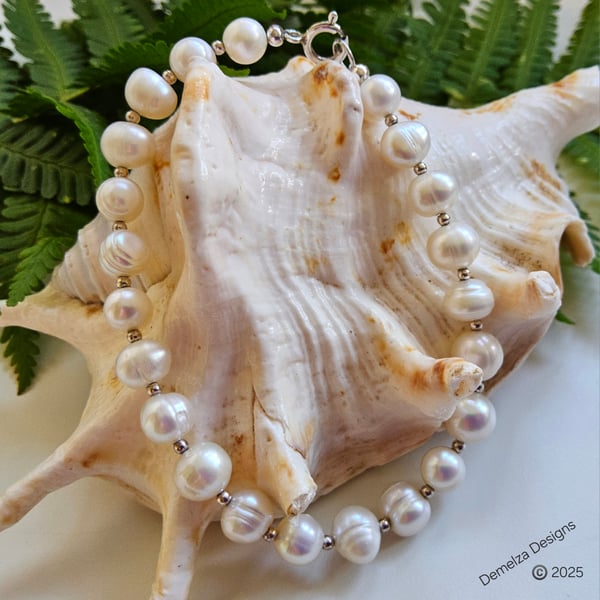 Ivory White Baroque Freshwater Cultured Pearl Sterling Silver Bracelet