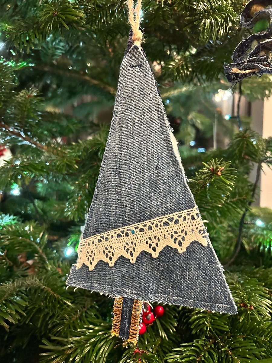 Rustic Handmade Christmas Tree – Preloved denim embellished decoration 