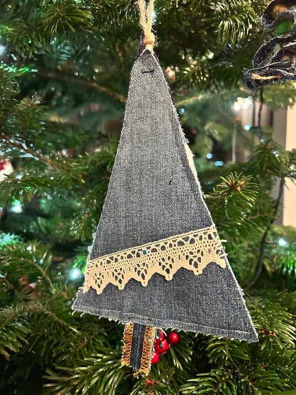Rustic Handmade Christmas Tree – Preloved denim embellished decoration 