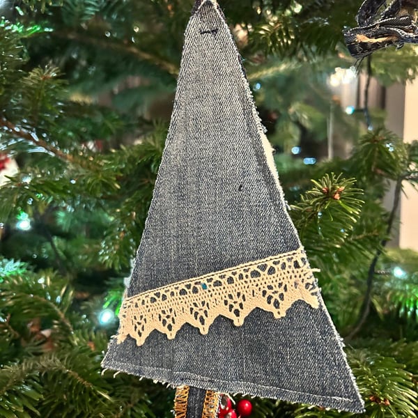 Rustic Handmade Christmas Tree – Preloved denim embellished decoration 