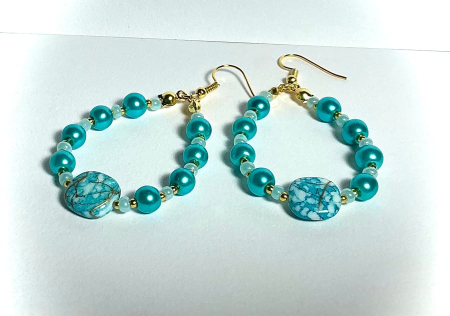 Beaded Hoop Earrings Turquoise and Gold