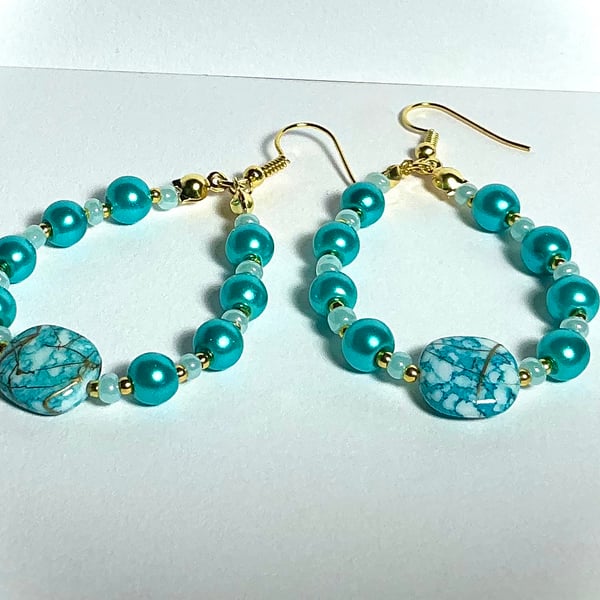 Beaded Hoop Earrings Turquoise and Gold