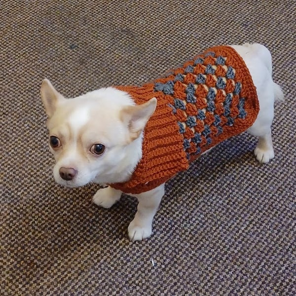 Small dog granny crochet coat, copper red and grey pet jacket