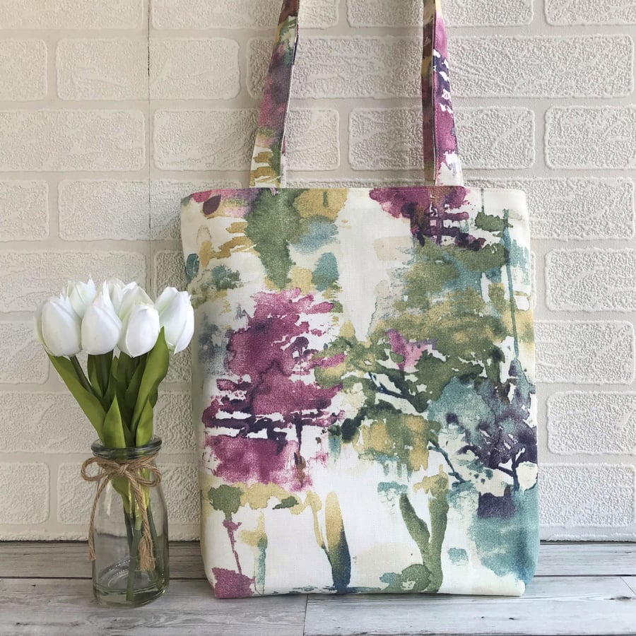 Abstract patterned tote bag in pinks, greens and blues
