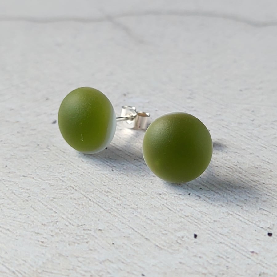 Green stud earrings, fused glass, sterling silver fittings