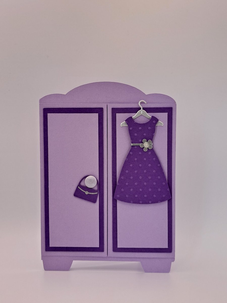Lilac and Purple Wardrobe Shaped Birthday Card – Dress and Handbag Design 
