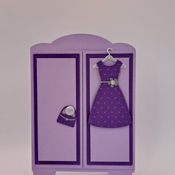 Lilac and Purple Wardrobe Shaped Birthday Card – Dress and Handbag Design 