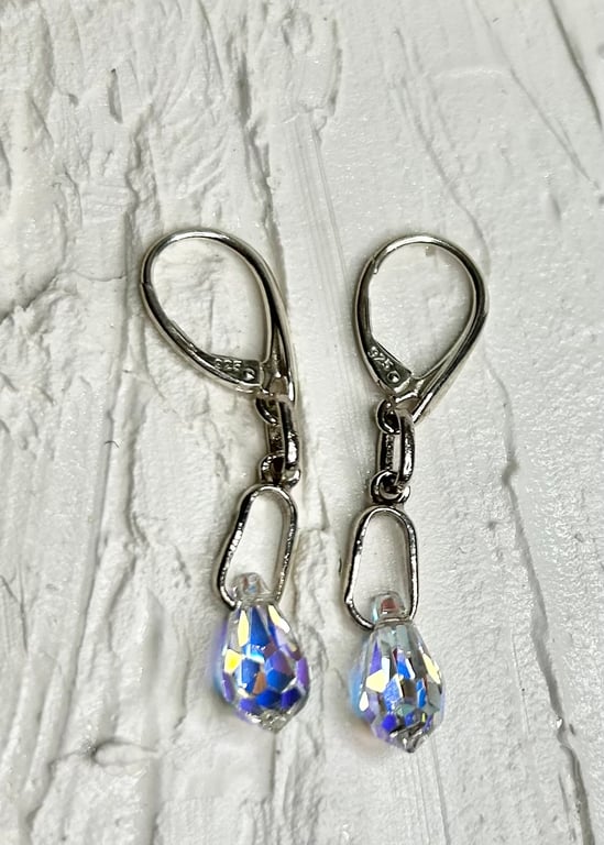 Iridescent Crystal Teardrop Dangle Earrings – Silver Leverback Drop Earrings