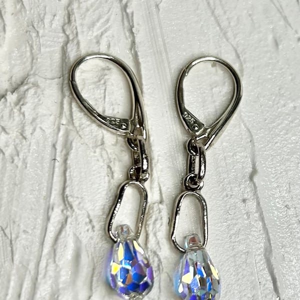 Iridescent Crystal Teardrop Dangle Earrings – Silver Leverback Drop Earrings