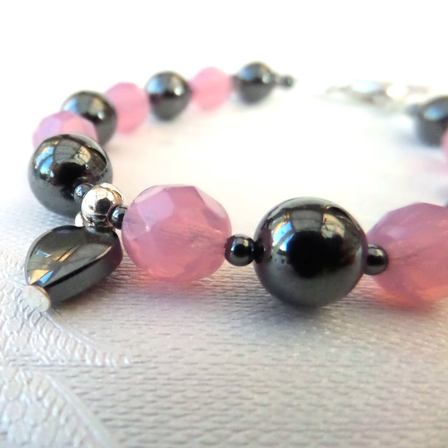 Handmade hematite bracelet, with dusky rose crystal and heart embellishment