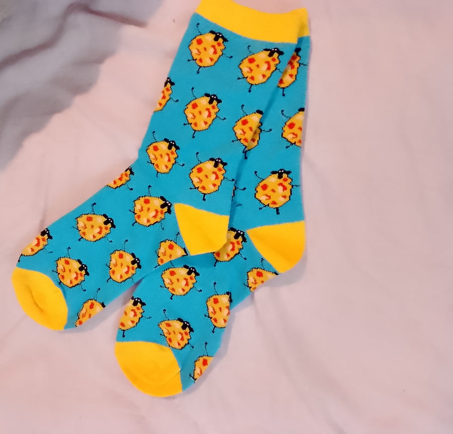 Quirky Sheep Pale Yellow and Pale blue Cotton Socks, Ladies size 4 to 8