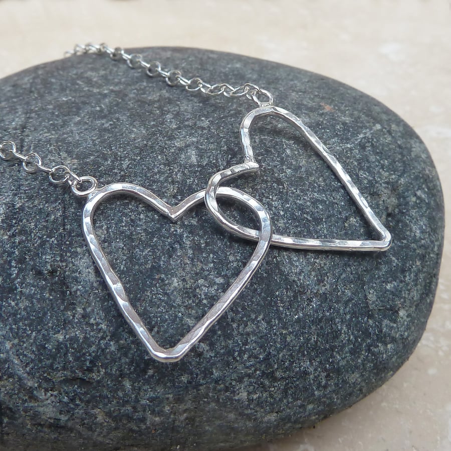 Sterling Silver Hammered Double 2 Heart Necklace - NEK005