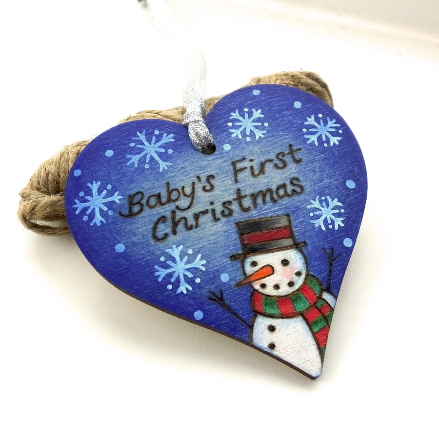 Baby's First Christmas wooden pyrography heart decoration. Original art.