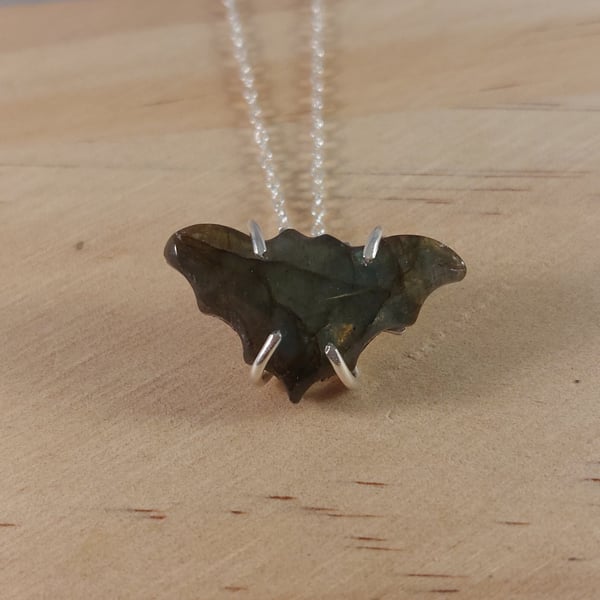 Sterling Silver Labradorite Gemstone Bat Necklace (SKU201025E)
