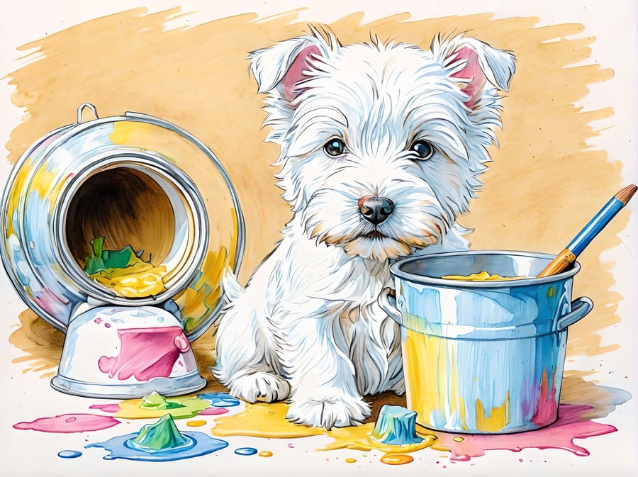 Westie with Paint  A5 Greeting Card 