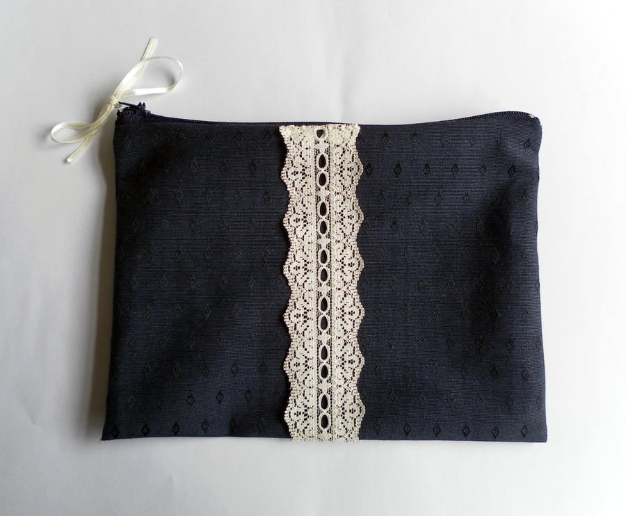  Stylish and elegant, navy and cream lace, handmade make up bag