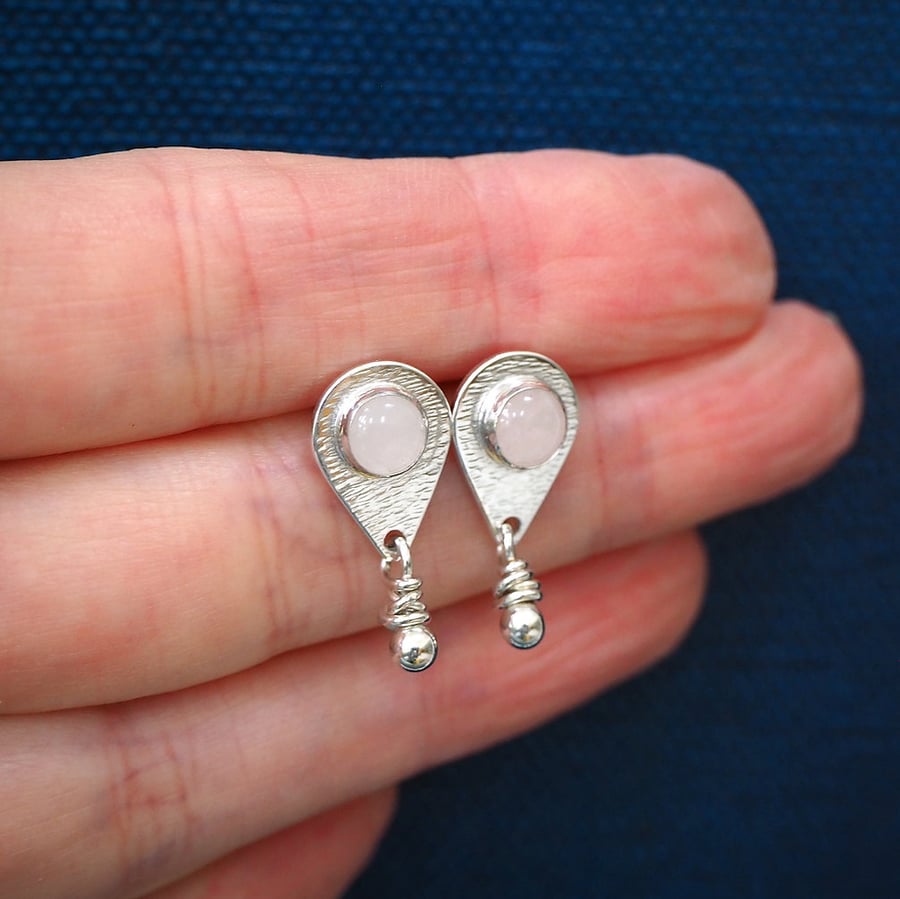 Earring studs, rose quarts, drop stud earrings, sterling silver