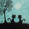 Cat Card, Two Black Cats Tree Card, Blank Cat Moon Card, Cat silhouette Art Card