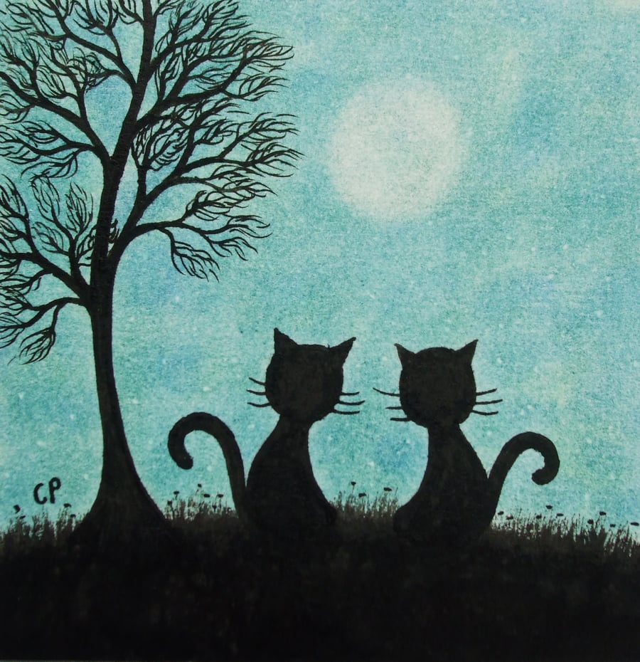 Cat Card, Two Black Cats Tree Card, Blank Cat Moon Card, Cat silhouette Art Card