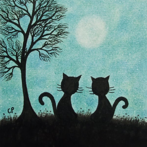 Cat Card, Two Black Cats Tree Card, Blank Cat Moon Card, Cat silhouette Art Card