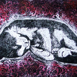 Dreamy Limited Edition Original Collagraph Print Art Cat