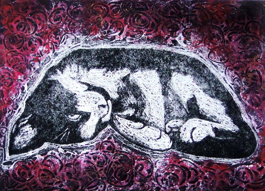 Dreamy Limited Edition Original Collagraph Print Art Cat