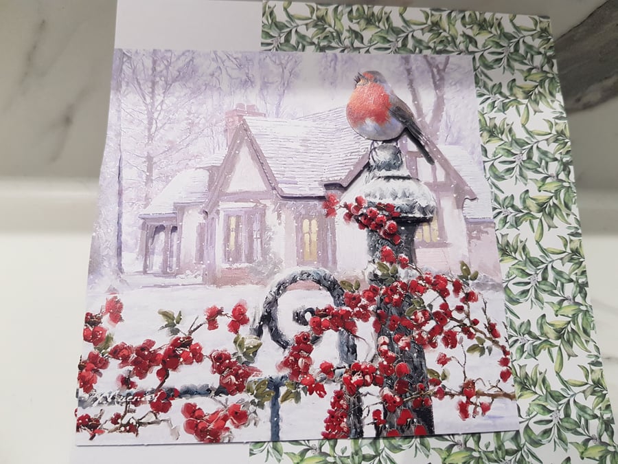 Christmas card cottage with robin design