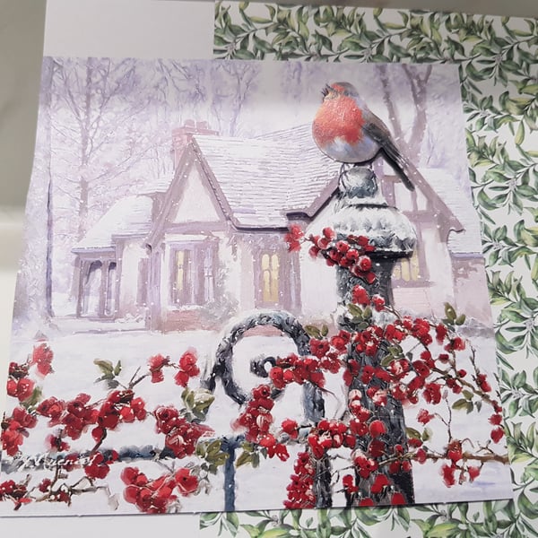 Christmas card cottage with robin design