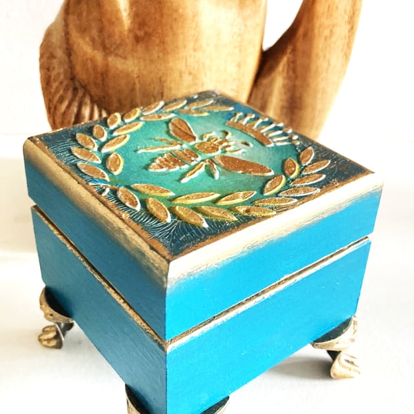  Teal & Gold Queen Bee Vintage Style Art Trinket Keepsake Box 