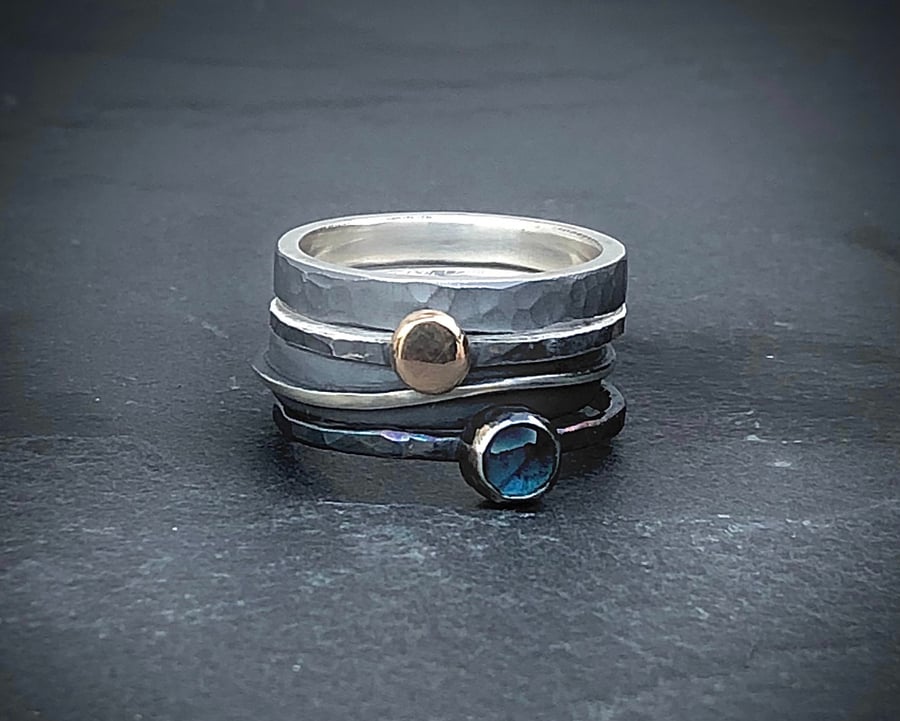 Blue Topaz Stack Ring, silver stack ring, oxidised stack ring, London blue Topaz