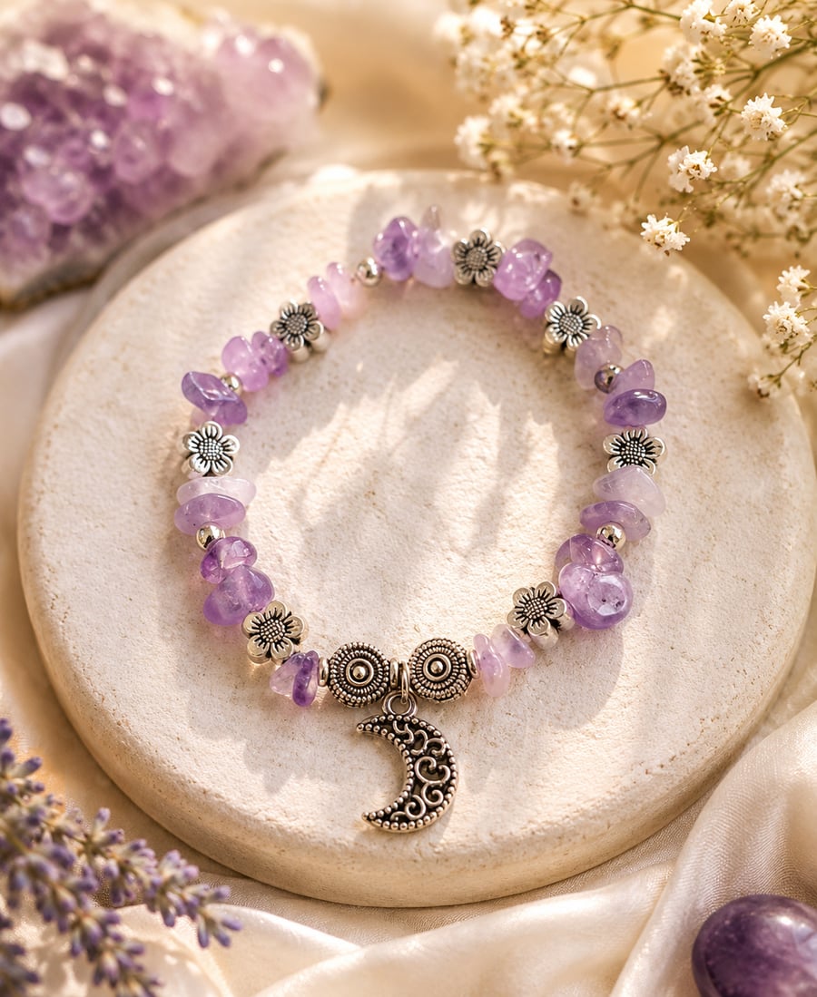 Handmade Amethyst Chip Bracelet with Crescent Moon Charm 