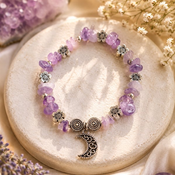 Handmade Amethyst Chip Bracelet with Crescent Moon Charm 