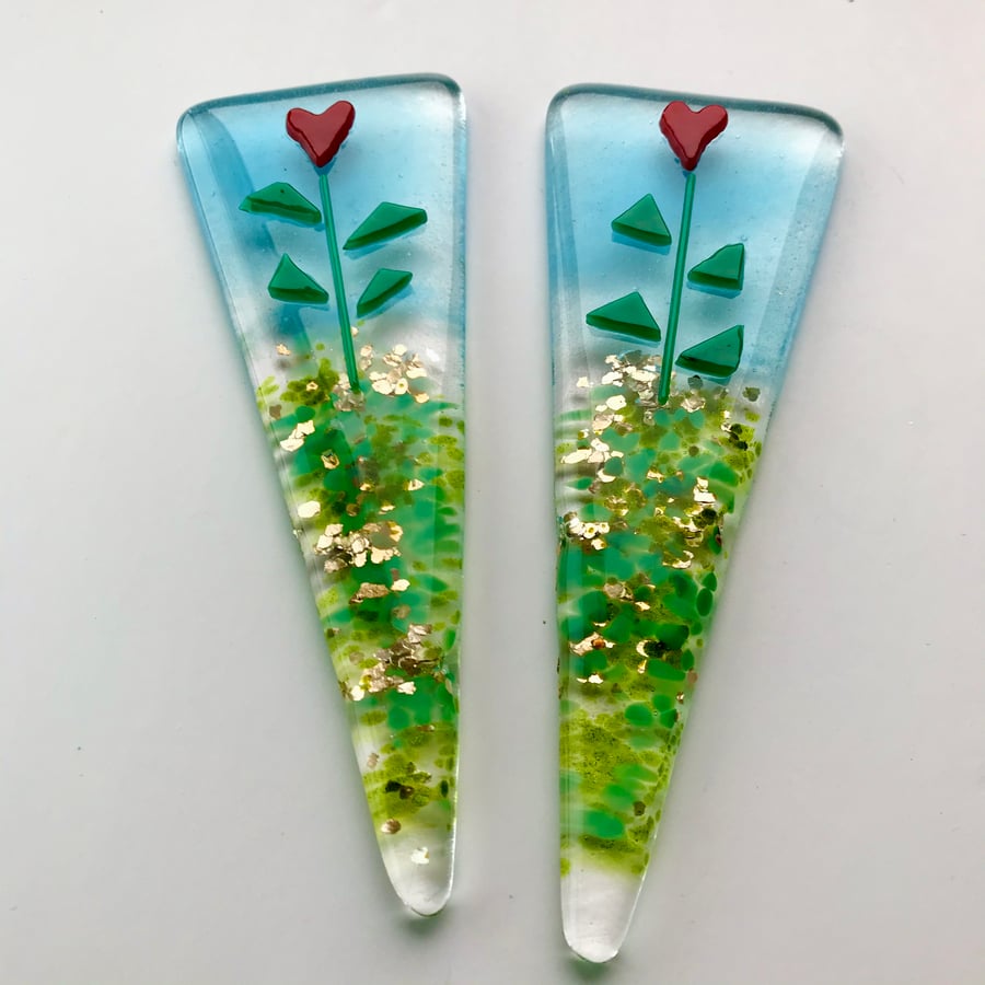 Fused glass plant marker, hearts, Mothers day gift