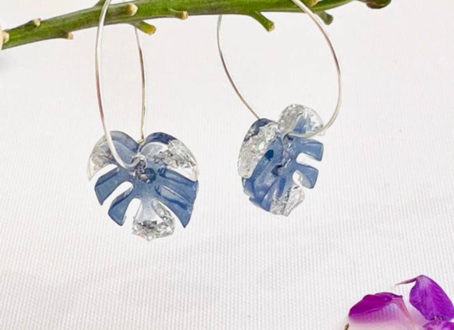Monstera leaf hoop earrings, silver plated hoops, statement resin earrings