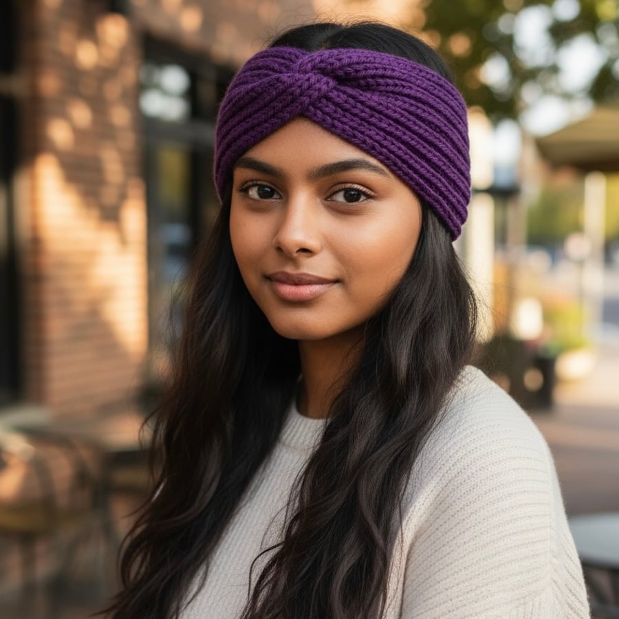 Hand knitted knotted wool headband 