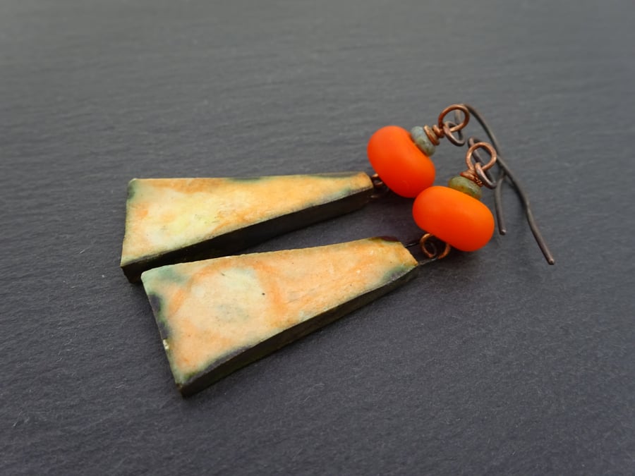 orange lampwork glass and ceramic earrings