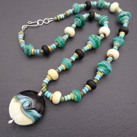 lampwork glass beaded necklace, black and green pendant jewellery