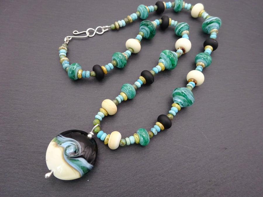 lampwork glass beaded necklace, black and green pendant jewellery