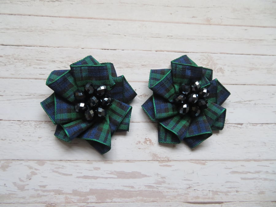 Black Watch Tartan Shoe Clips - Plaid Ribbon Ruffle Accessories