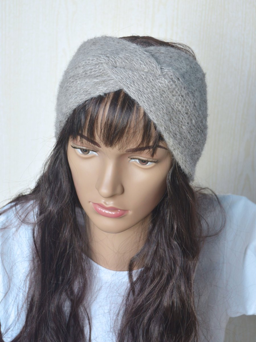 Knitted Headband Earwarmer Soft Alpaca Silk Palest Grey Letterbox Gift