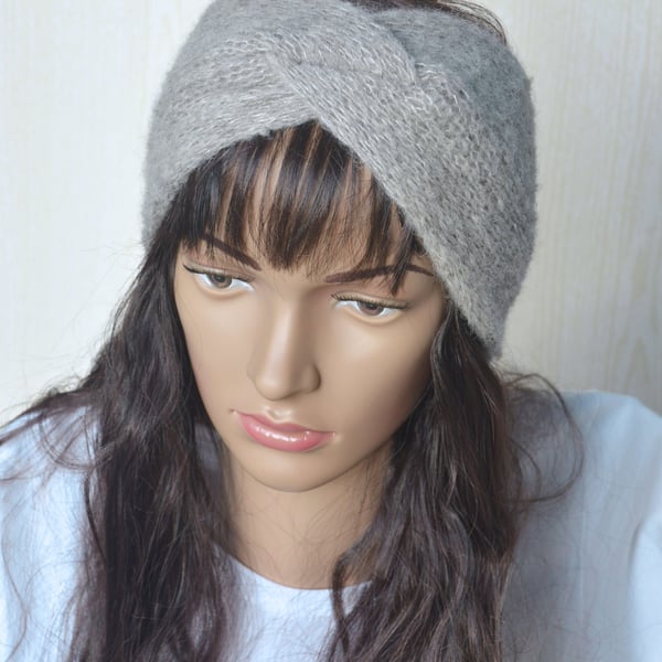 Knitted Headband Earwarmer Soft Alpaca Silk Palest Grey Letterbox Gift