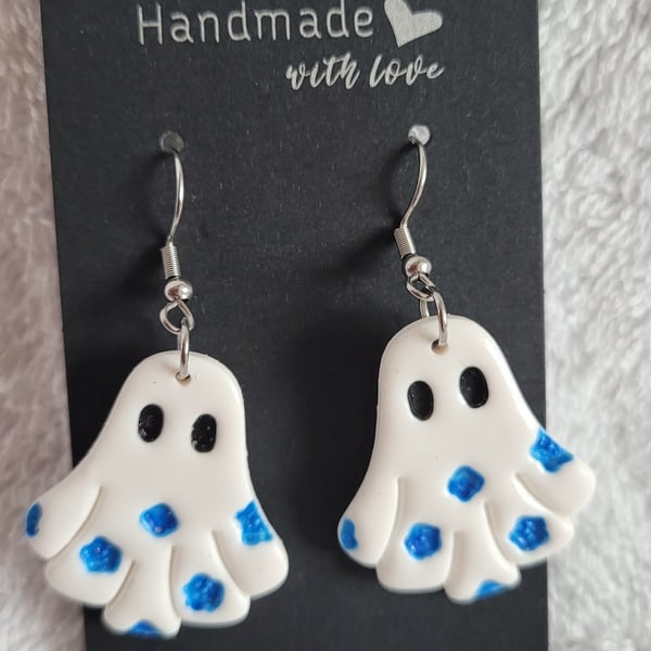 Halloween Ghosts (Blue) Polymer Clay Earrings. 316 Surgical Stainless Steel 
