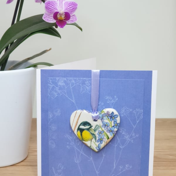 Keepsake card with detachable clay heart, gift for a bird lover 