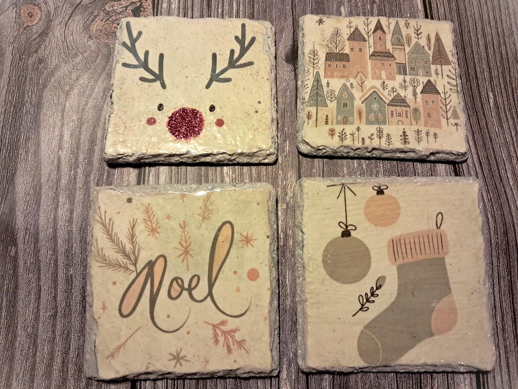 Boho Christmas Hand Painted Slate Coasters