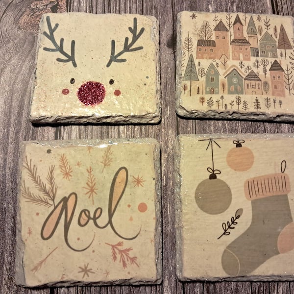 Boho Christmas Hand Painted Slate Coasters