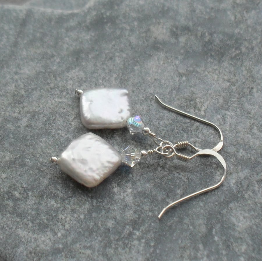 Freshwater Pearl and Crystal Sterling Silver Drop Earrings 