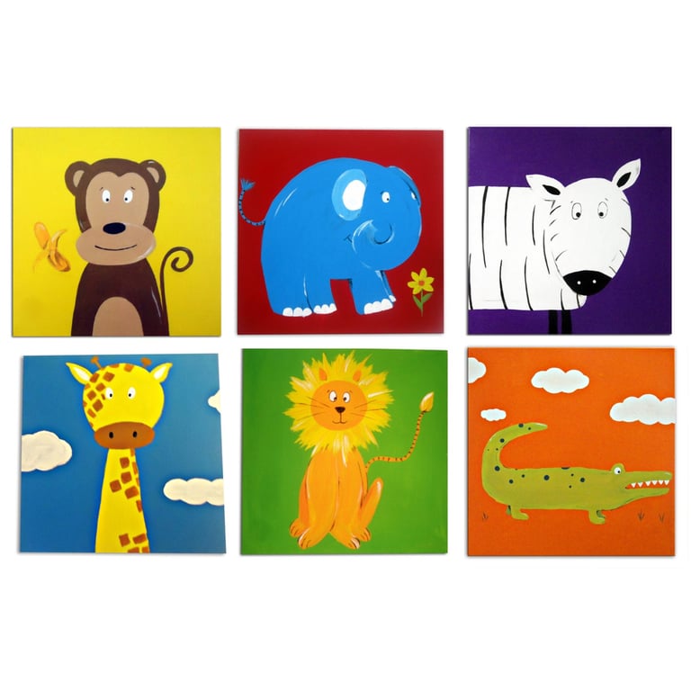 Jungle Animal Art on Canvas x 6, Nursery Art