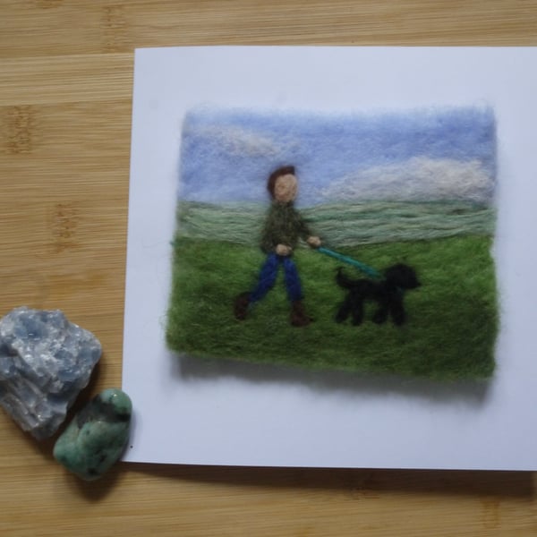 Needle felted Man and Dog greetings card